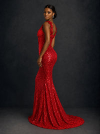 Gold Sequin Floral Applique Mermaid Prom Dress