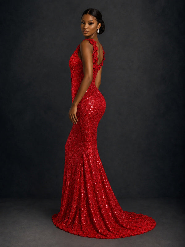 Sequin Floral Applique Mermaid Prom Dress