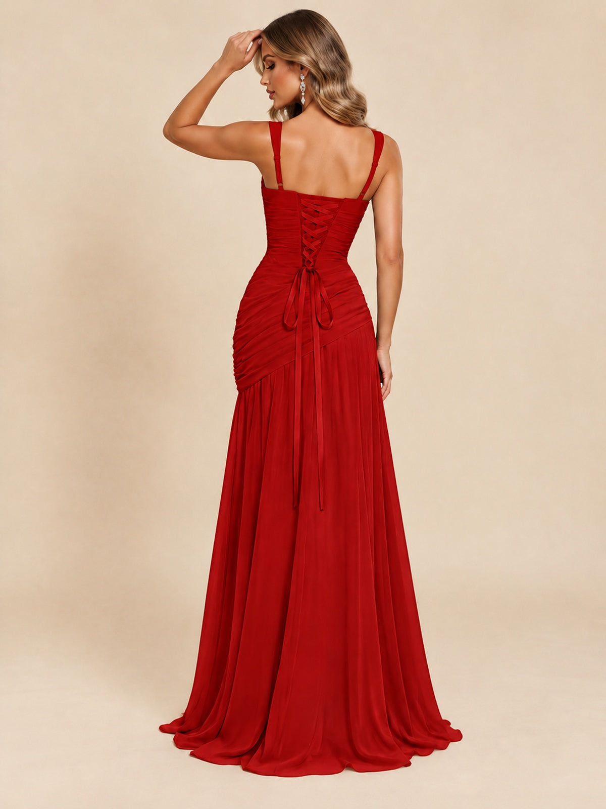 Wrap Pleated Prom Dress Scoop Neck with Slit Women Wedding Formal Dress