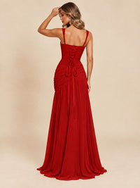 Wrap Pleated Prom Dress Scoop Neck with Slit Women Wedding Formal Dress