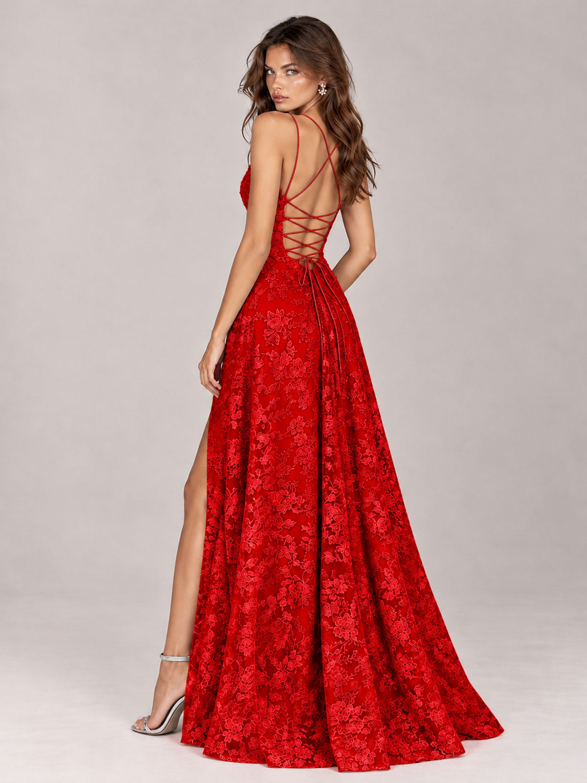 Floral Lace A-Line Prom Dress with Spaghetti Straps & High Slit