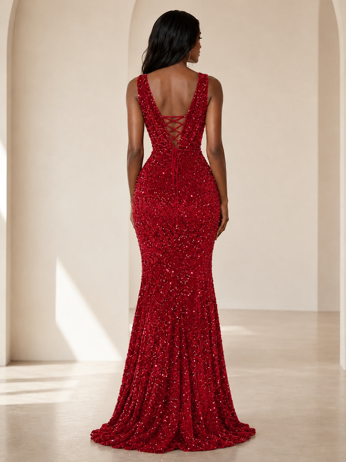 Sequin Mermaid Prom Dress with V-Neck and Ruched Waist