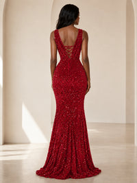 Sequin Mermaid Prom Dress with V-Neck and Ruched Waist