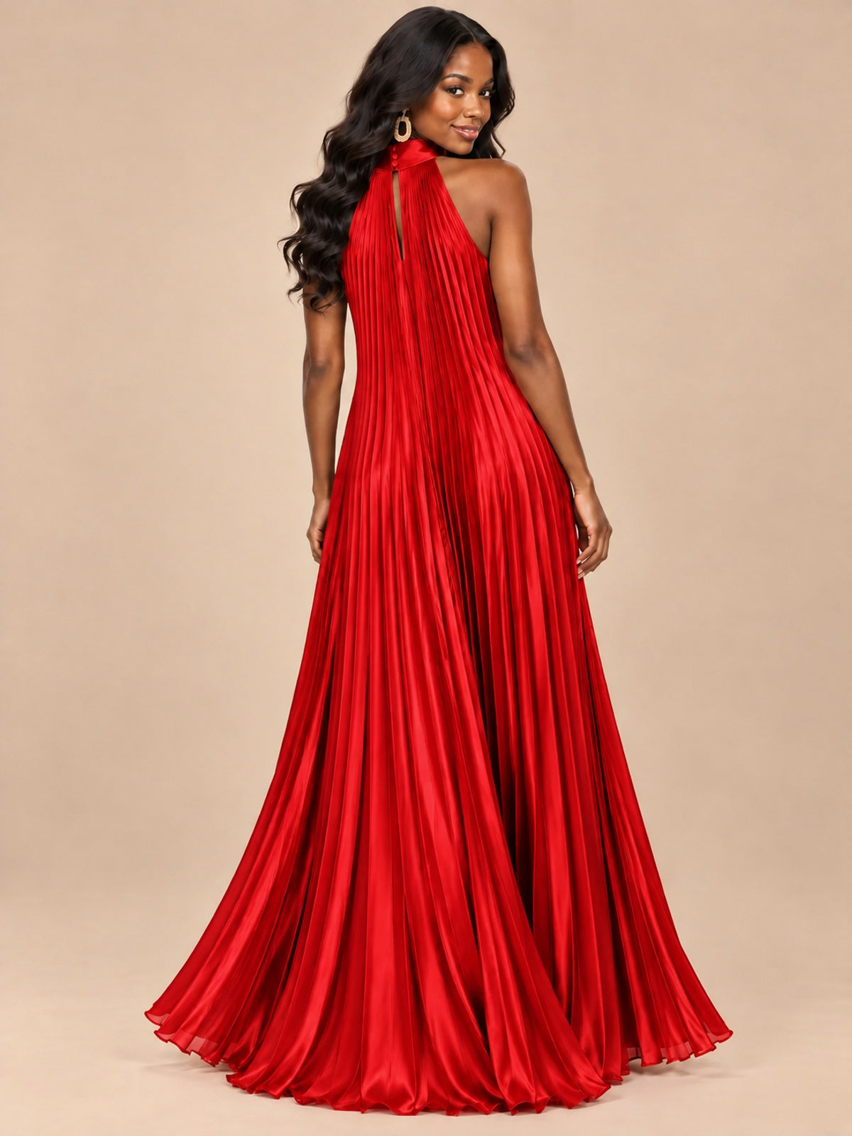 Rust Orange Pleated Halter Neck Maxi Dress