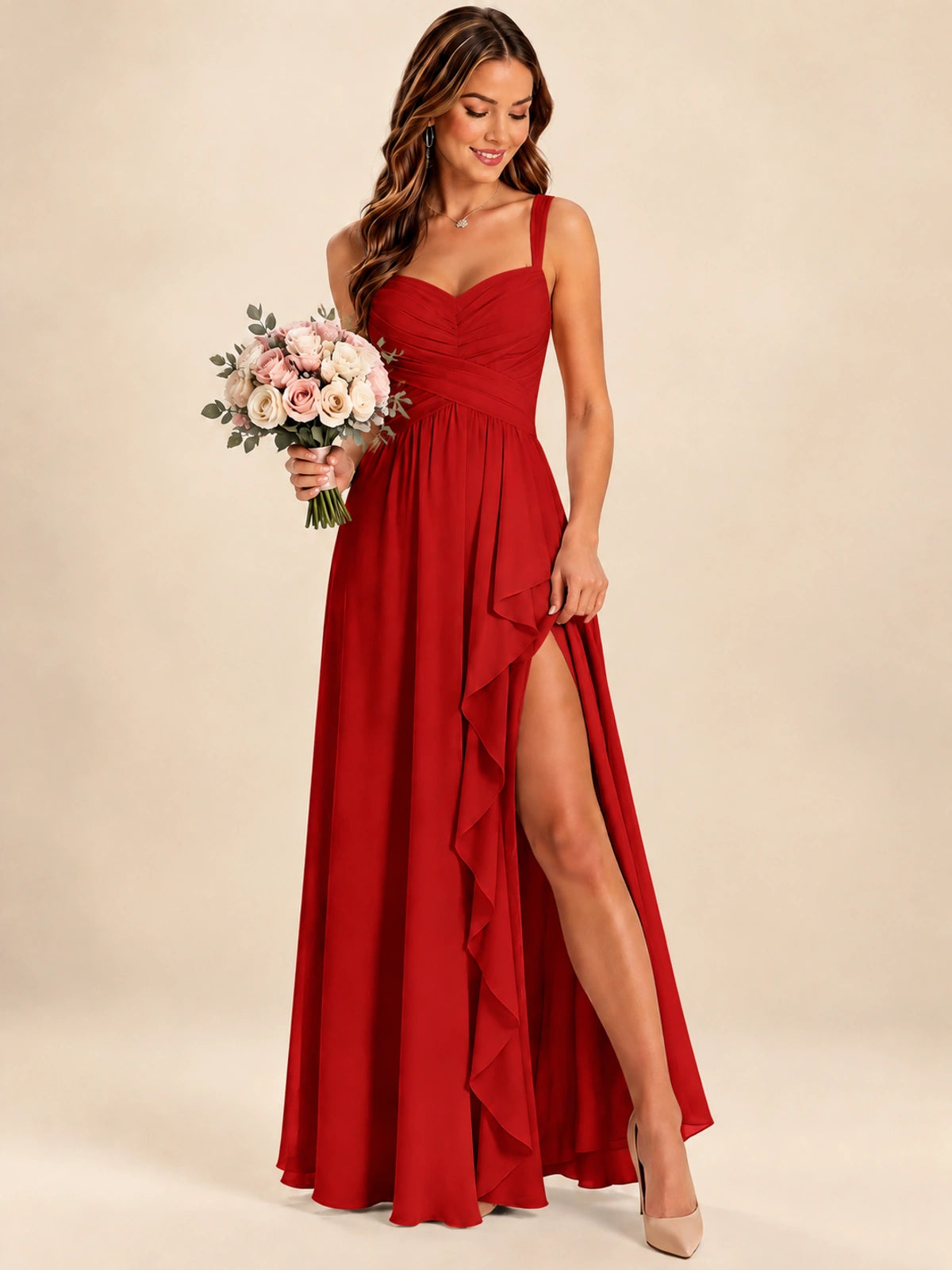 Spaghetti Straps Pleated Chiffon Bridesmaid Dress with Ruffle Slit