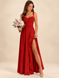 Spaghetti Straps Pleated Chiffon Bridesmaid Dress with Ruffle Slit