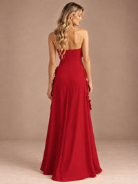 Yellow Strapless A-line Satin Maxi Dress with 3D Floral
