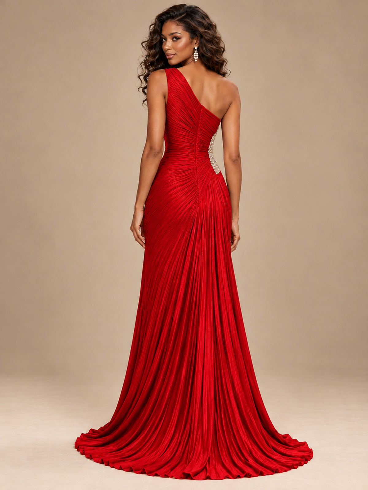Burgundy One Shoulder Ruched Prom Dress with High Slit & Beaded Waist