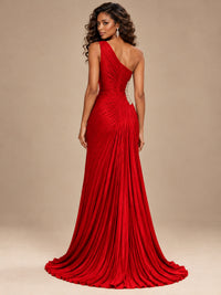 Burgundy One Shoulder Ruched Prom Dress with High Slit & Beaded Waist