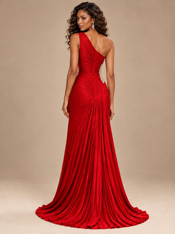 Burgundy One Shoulder Ruched Prom Dress with High Slit & Beaded Waist