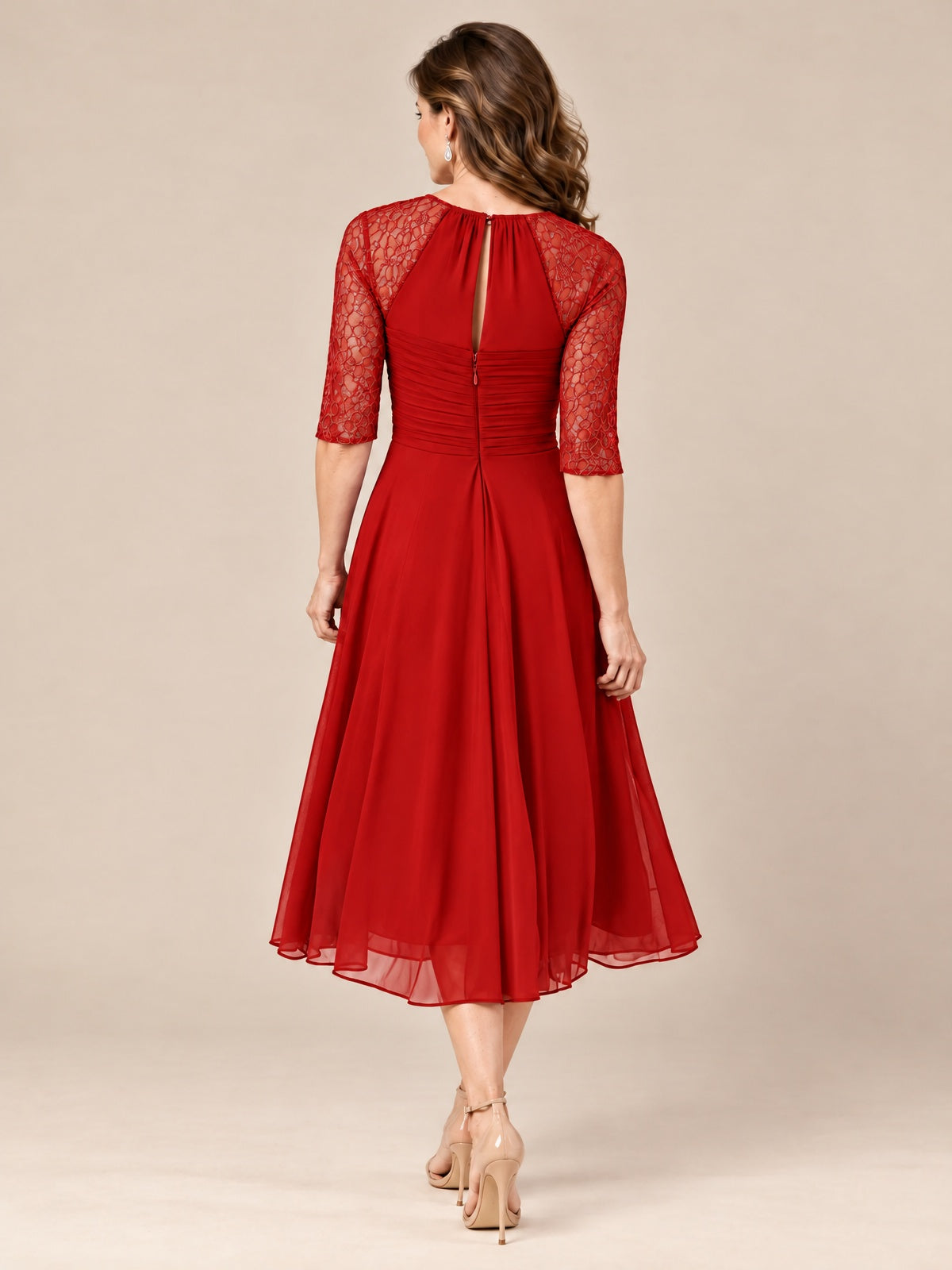 Tea-Length Mother of the Bride Dress with Lace 3/4 Sleeves