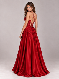 Lace Applique Satin A-Line Prom Dress with Sheer Bodice