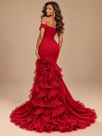 Dusty Blue Off-the-Shoulder Mermaid Prom Dress with 3D Rose & Ruffles