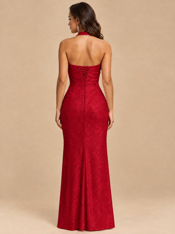 Halter V-Neck Sequin Mermaid Prom Dress with High Slit