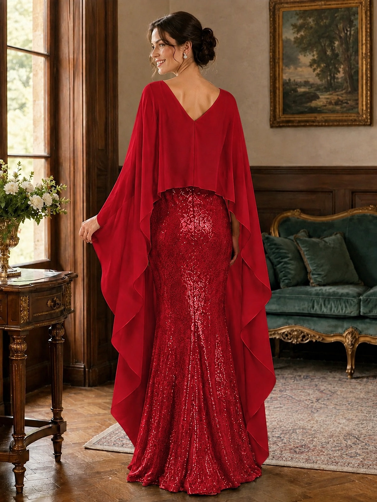 Sequin 2 Pieces Mother of the Bride Dress with Cap Sleeves Chiffon Formal Gowns