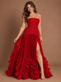 Strapless Pleated Floral Satin Formal Dress with Side Slit