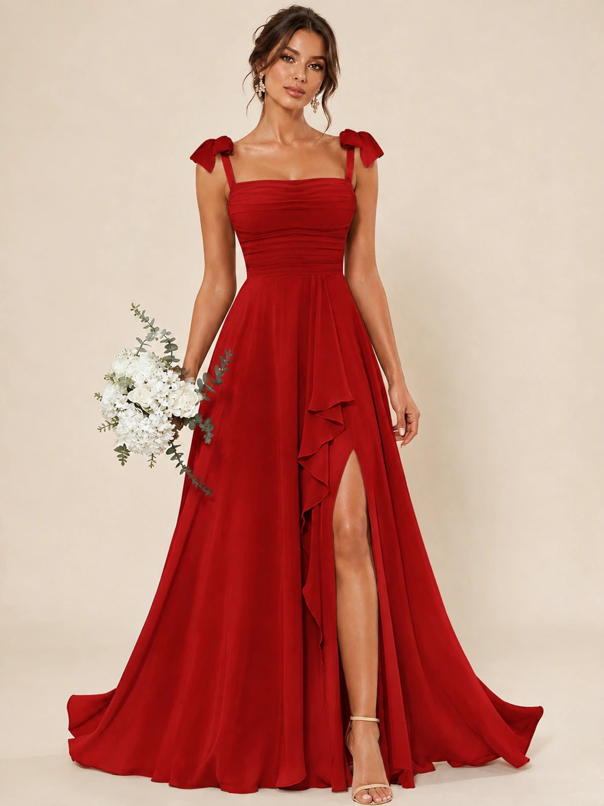 Ruffle Slit Chiffon A Line Scoop Neck Bridesmaid Dresses with Pockets