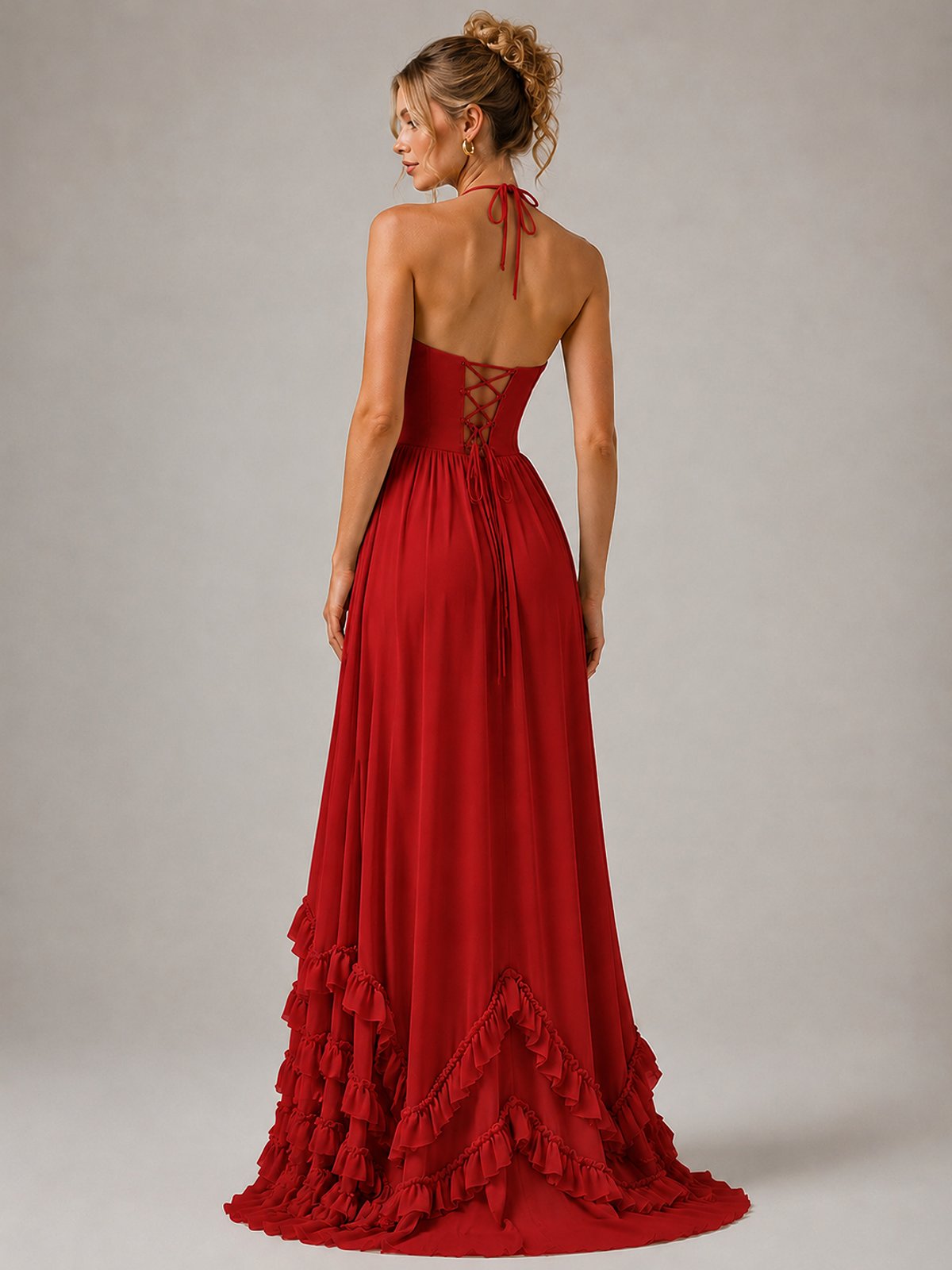 Halter V Neck Chiffon Formal Dress with Lace-Up Back and Ruffle Hem