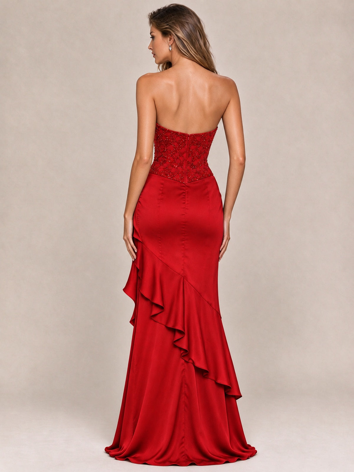 Strapless Lace Appliques Corset Satin Prom Dress Ruffle Slit Evening Gown