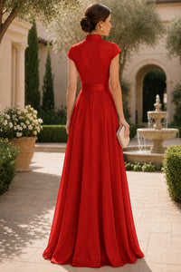 V Neck Cap Sleeve A-Line Floor-Length Satin Bridesmaid Dress