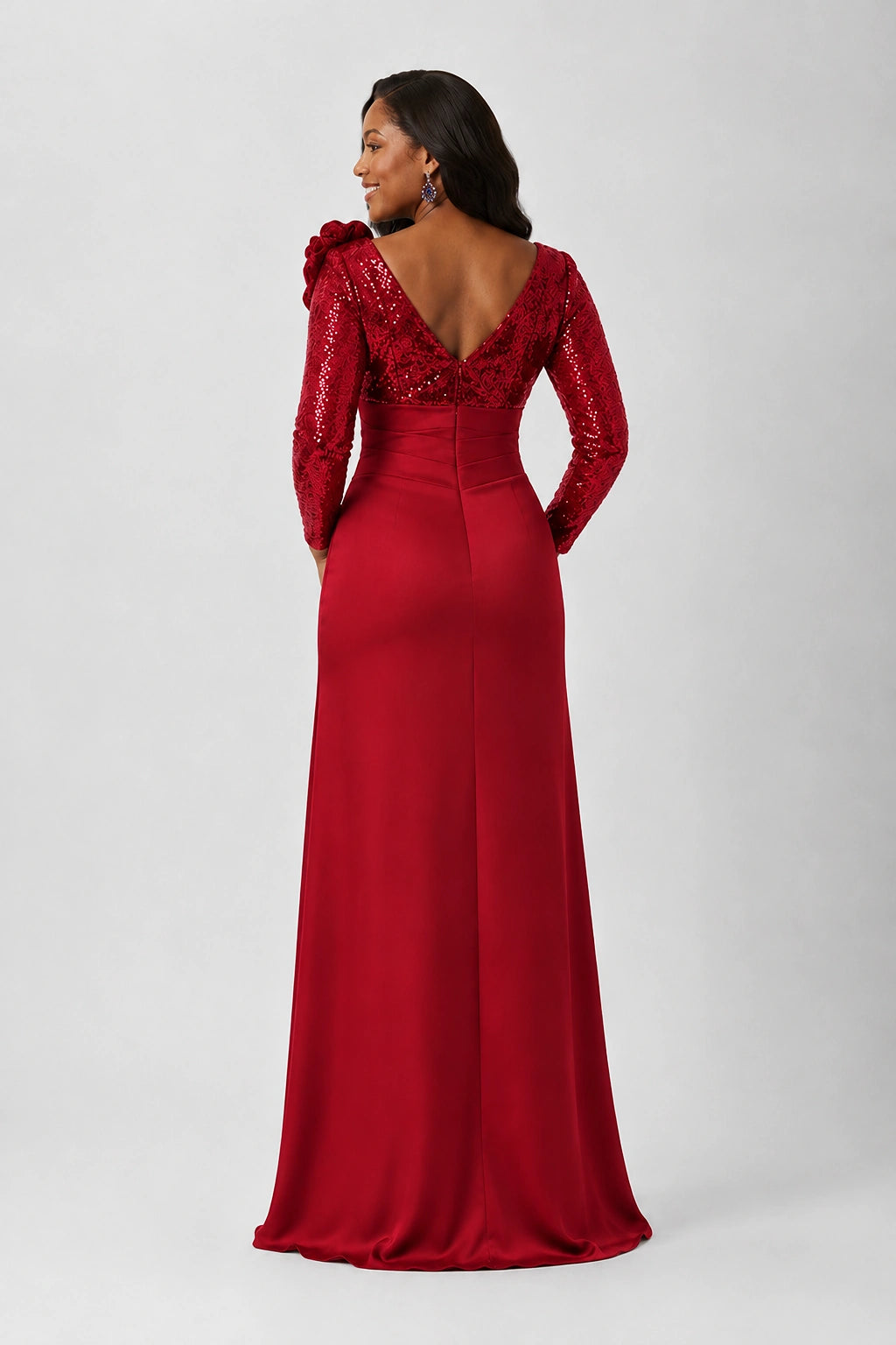Sequin Mother of the Bride Dress with Long Sleeves 3D Floral V-Neck Gown