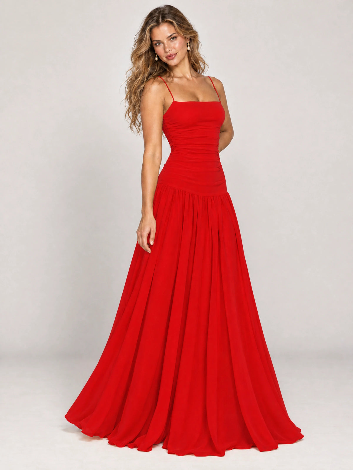 Butter Yellow Ruched Spaghetti Strap Drop-Waist Prom Dress