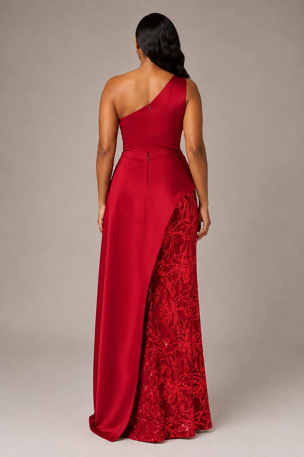 One-Shoulder Mother of the Bride Dress with Sequin Skirt and Peplum