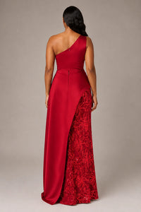 One-Shoulder Mother of the Bride Dress with Sequin Skirt and Peplum