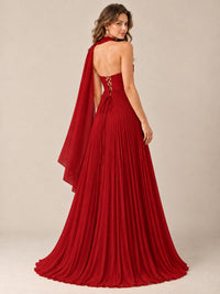 Sweetheart Neckline Pleated Prom Dress Strapless A-line Formal Dress with Flowy Scarf