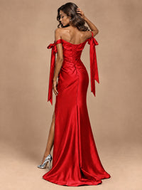 Off The Shuolder Satin Prom Dress Slit Mermaid Formal Gowns