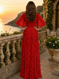 Elegant Chiffon Mother of the Bride Dress with Flutter Sleeves and Ruffle Skirt