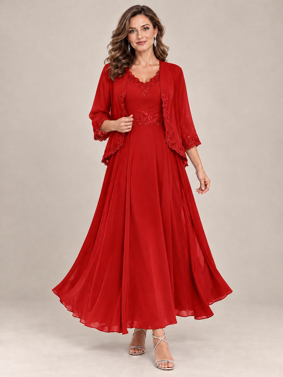 Dusty Blue Floral Lace Chiffon Mother of the Bride Dress with Jacket