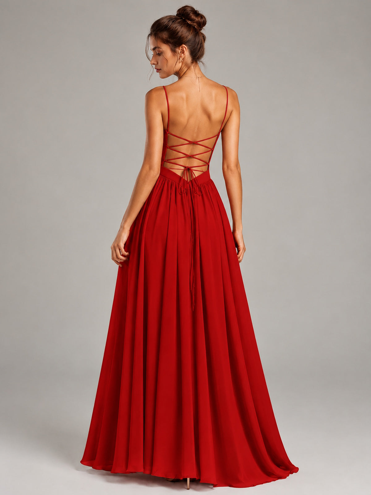 Spaghetti Strap Ruched Chiffon Maxi Dress with Backless
