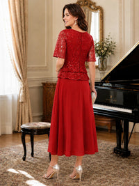 Tea-Length Chiffon Mother of the Bride Dress with Sequin Lace Sleeves