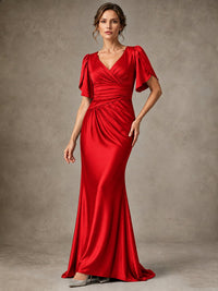 V-Neck Satin Mother of the Bride Dress with Flutter Sleeves