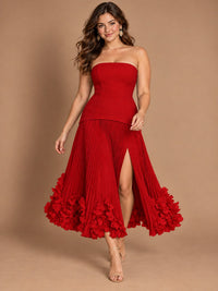 Navy Blue Strapless Pleated A-Line Midi Dress with 3D Floral Applique