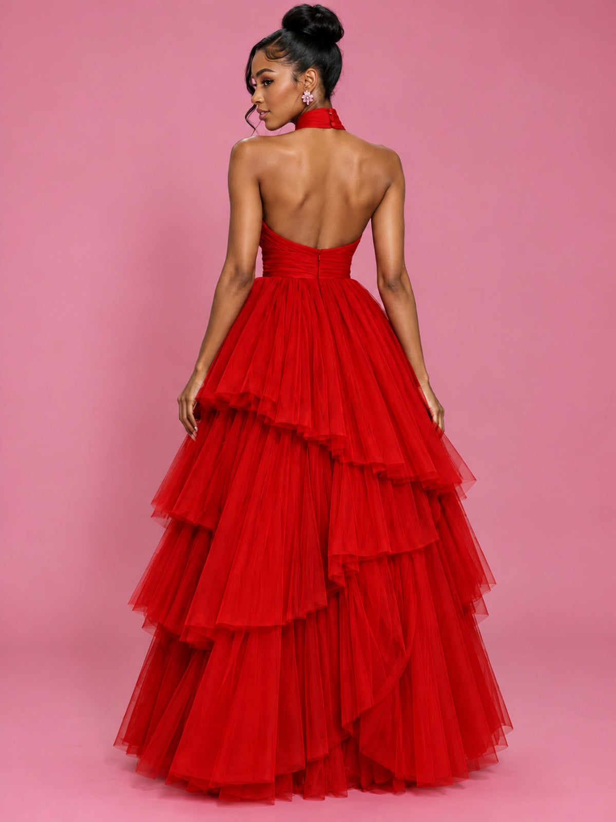 Hot Pink Tulle Halter Neck Tiered Ruffle Maxi Dress