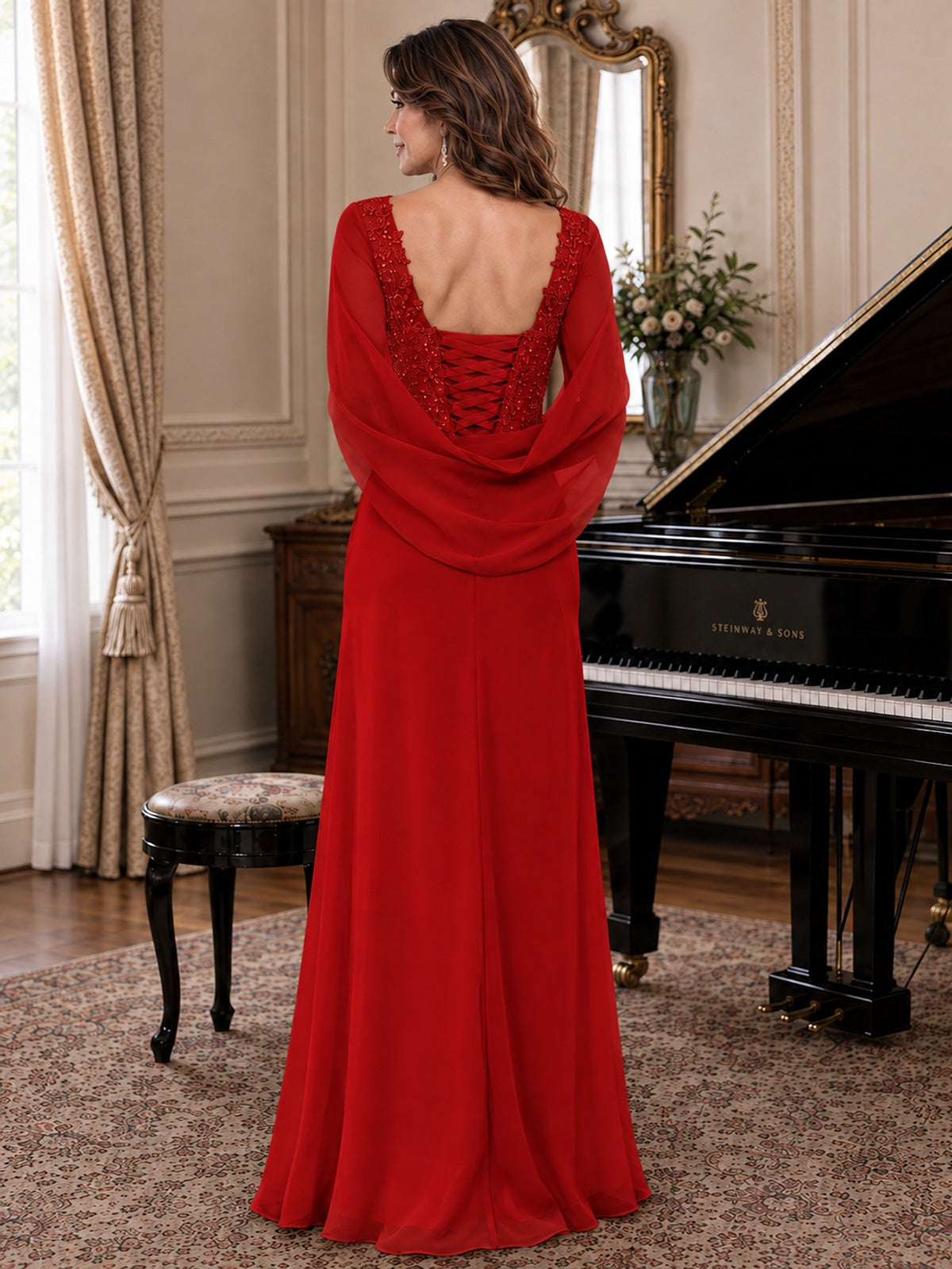 Elegant Applique Chiffon Mother of the Bride Dress with Cape Sleeves