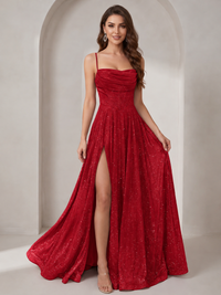 Sparkly Cowl Neck Corset Long Prom Dress with Slit A-line Tulle Ball Gown