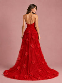 3D Floral Applique Strapless Tulle Prom Dress with High Slit