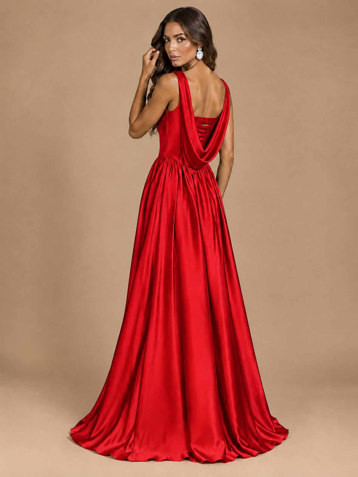 Cowl Neck Pleated Satin Prom Dress with Pockets & Slit Maxi Formal Gowns