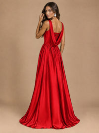 Cowl Neck Pleated Satin Prom Dress with Pockets & Slit Maxi Formal Gowns