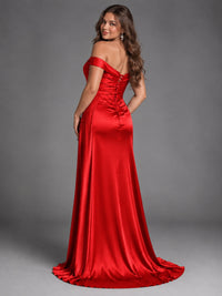 Off Shoulder Satin Maxi Dress with Slit