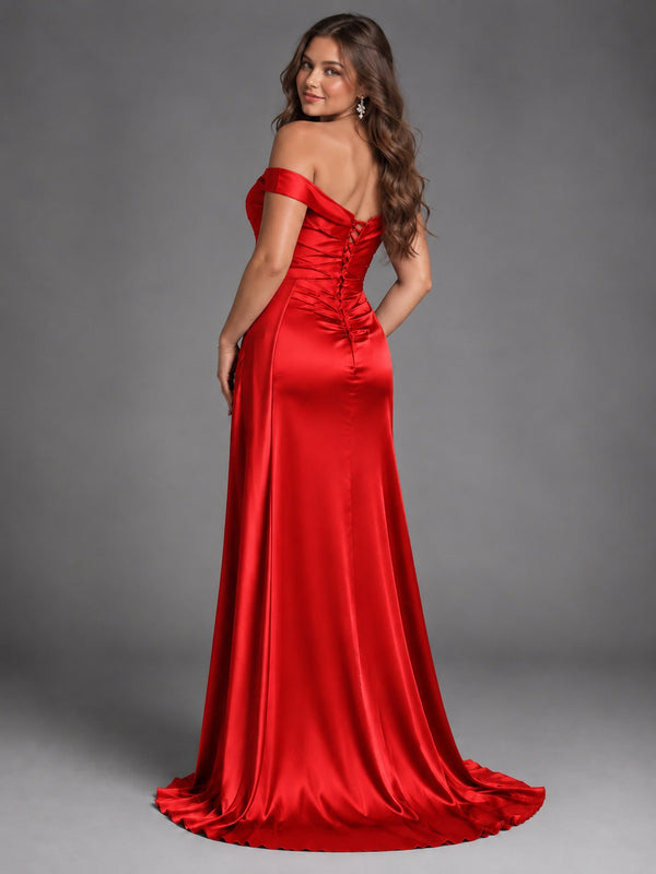 Off Shoulder Satin Maxi Dress with Slit