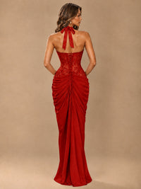 Sweetheart Halter Prom Dress Pleated Lace Floral Formal Dress with Slit