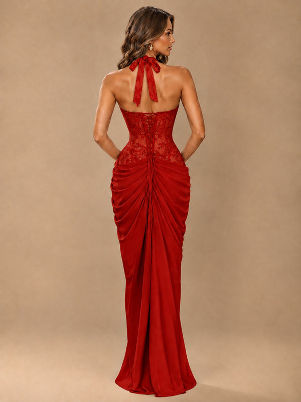 Sweetheart Halter Prom Dress Pleated Lace Floral Formal Dress with Slit
