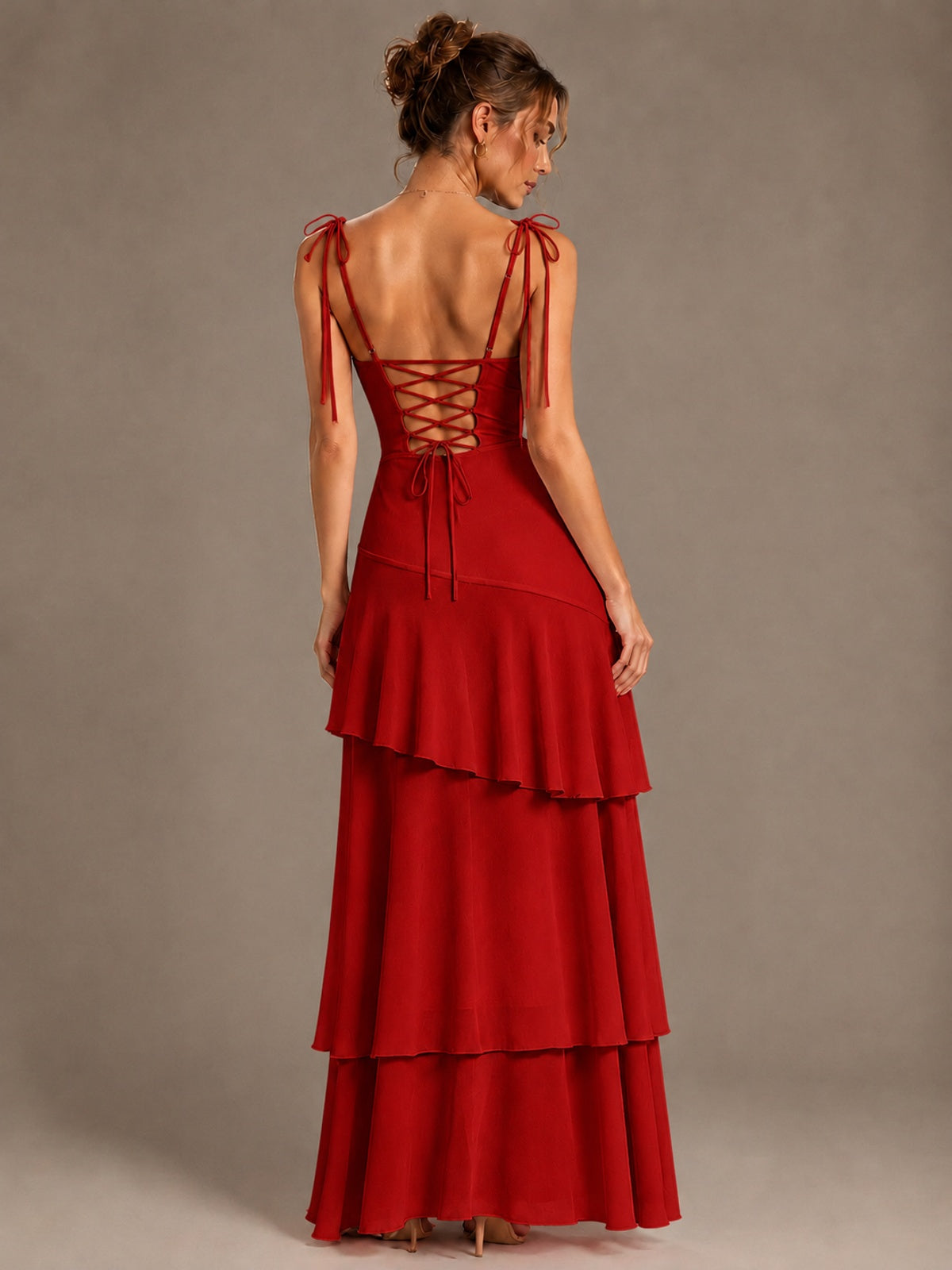 Spaghetti Strap Tiered Ruffles Chiffon Prom Dress