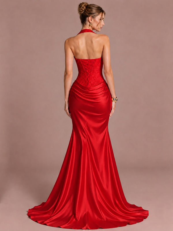 Sparkling Halter Corset Satin Mermaid Prom Dress