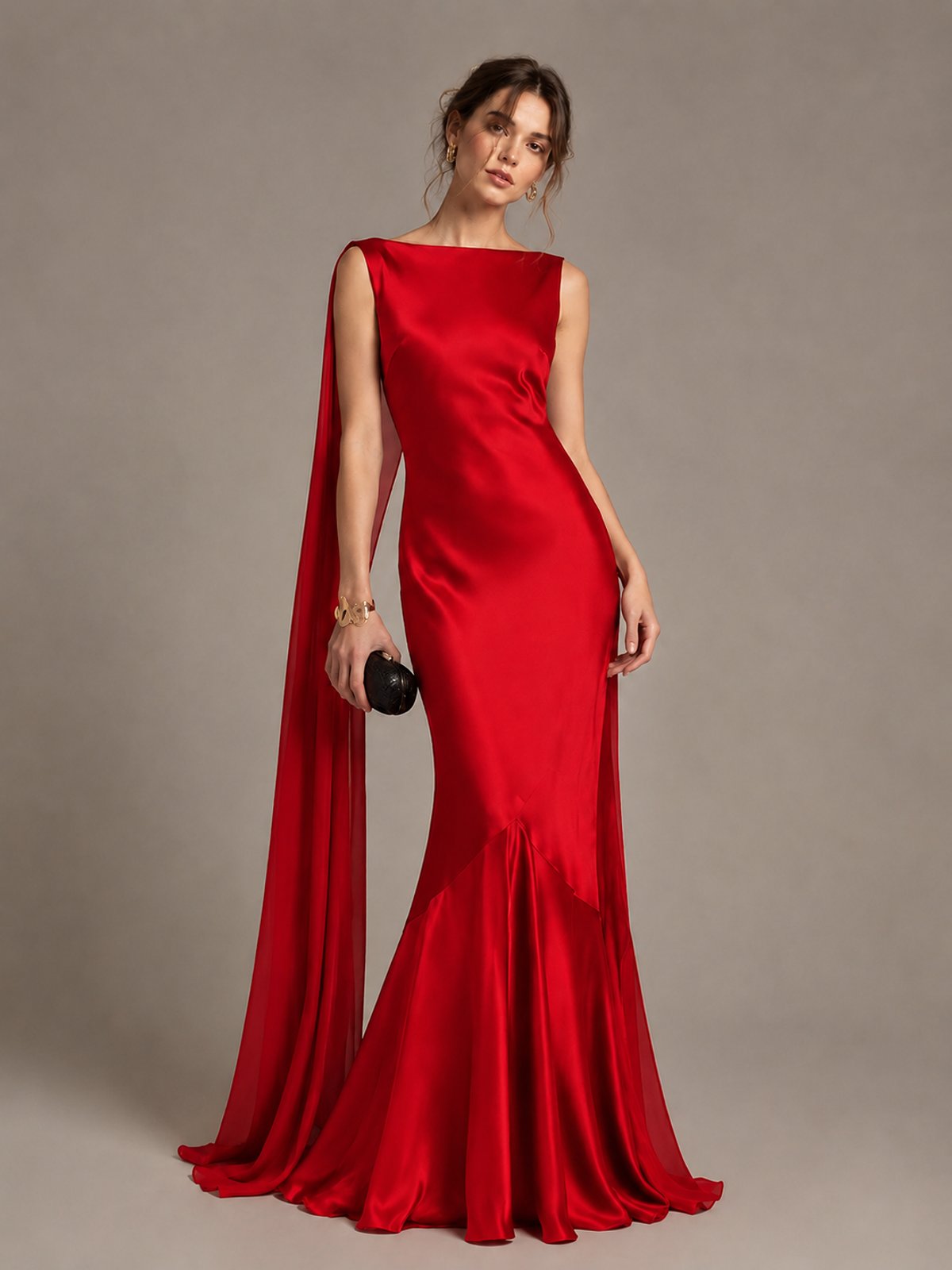 Burgundy Satin Mermaid Cape Maxi Dress