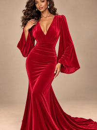 Burgundy Velvet Deep V-Neck Ruched Long Sleeve Maxi Dress
